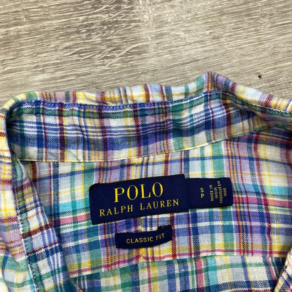 Polo Ralph Lauren Shirt Down Mens Small Plaid 100% Linen Classic Fit